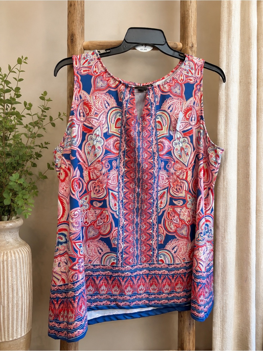 IU Women’s 2X Paisley Sleeveless Blouse Red Navy Boho Keyhole Top